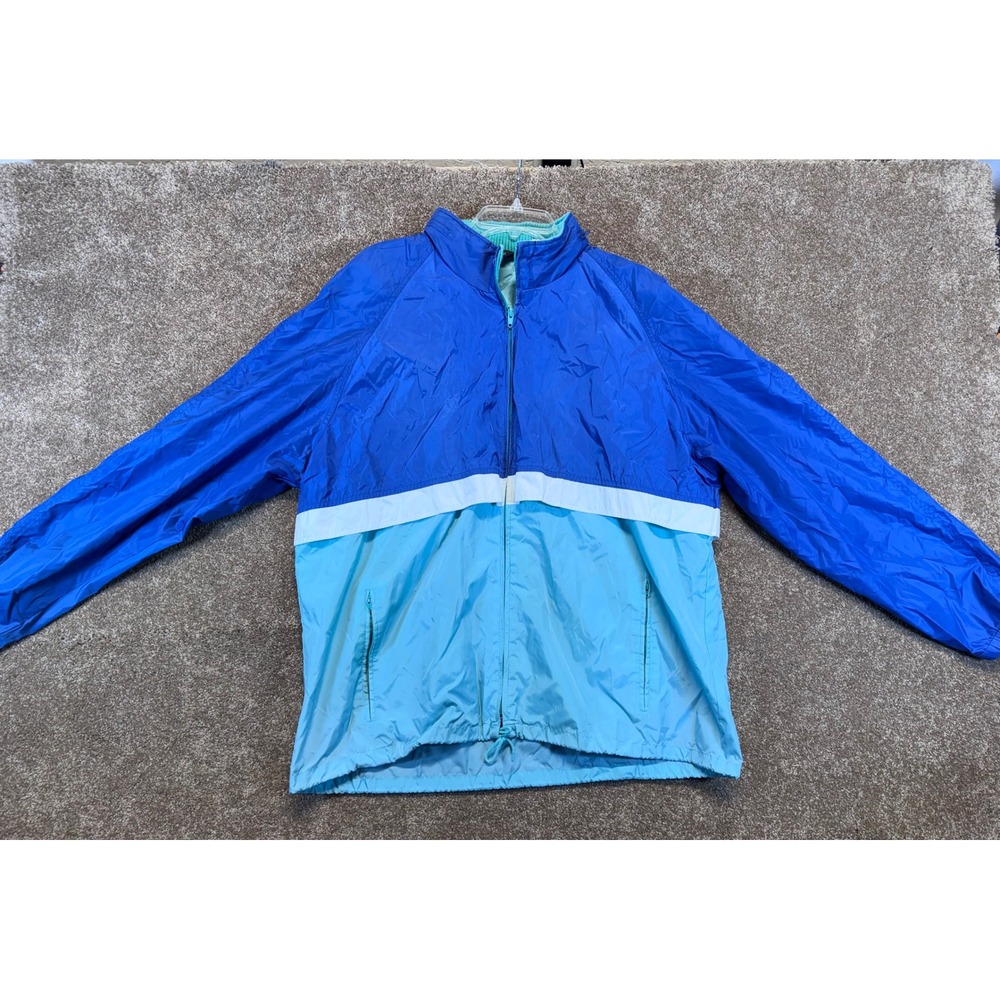 Woolrich Mens XL Royal Blue Light Blue Windbreaker Jacket  Packable Hood Vintage